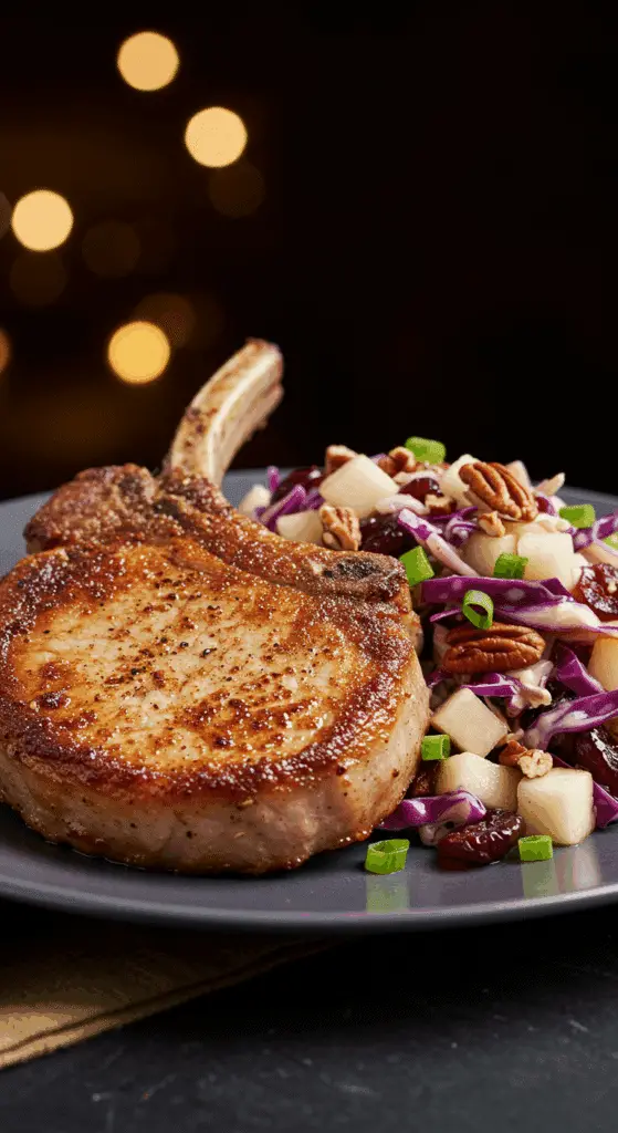 A beautiful, golden-brown, juicy, pan-seared Pork Chop on a plate, served with a generous portion of a vibrant, warm pear-pecan slaw.