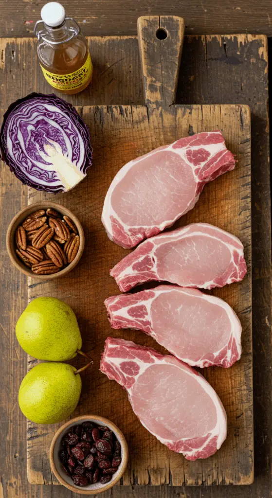 The fresh, from-scratch ingredients for the classic Pork Chops with a warm Pear-Pecan Slaw recipe.