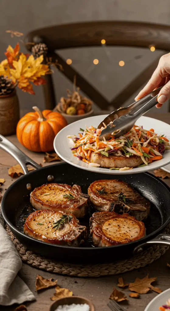 The finished skillet of homemade Pork Chops and a bowl of the warm slaw being served at a cozy family dinner.