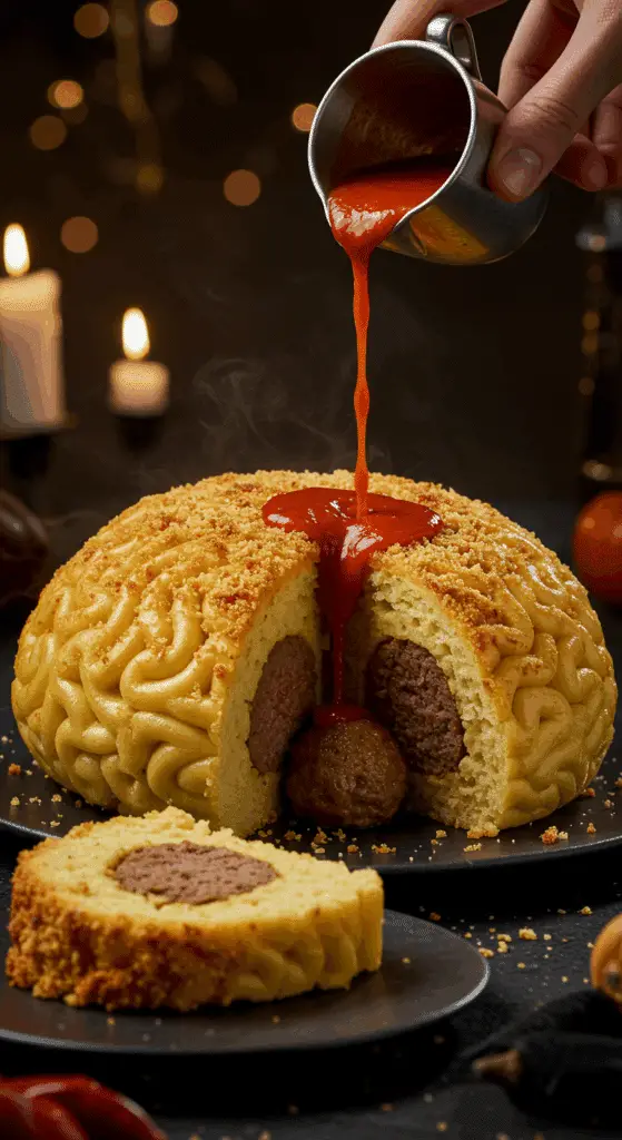 A beautiful, whole, homemade, spooky Meatball-Stuffed Pasta Brain, with a "bloody" marinara sauce being poured down the center and a slice cut out to show the meatball core.