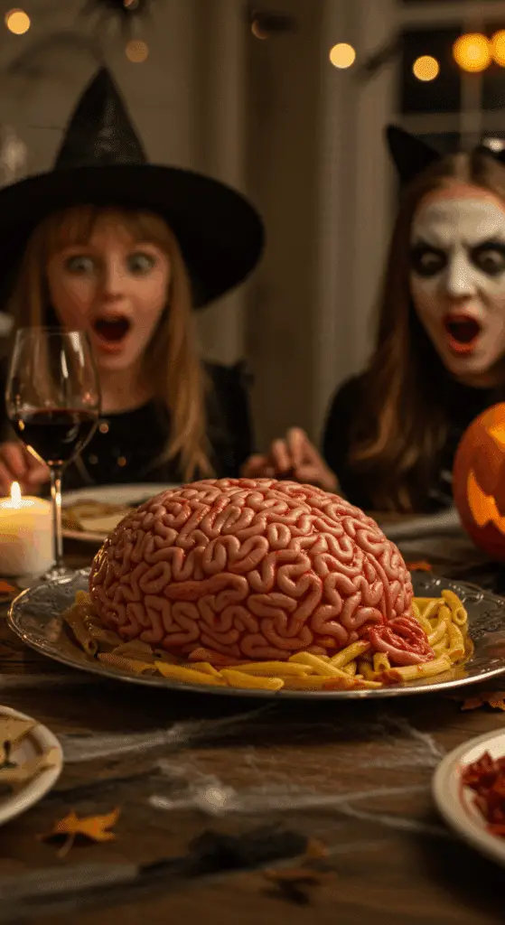 A child's eyes are wide with delight looking at the spooky and impressive homemade Meatball-Stuffed Pasta Brain at a fun family Halloween dinner.