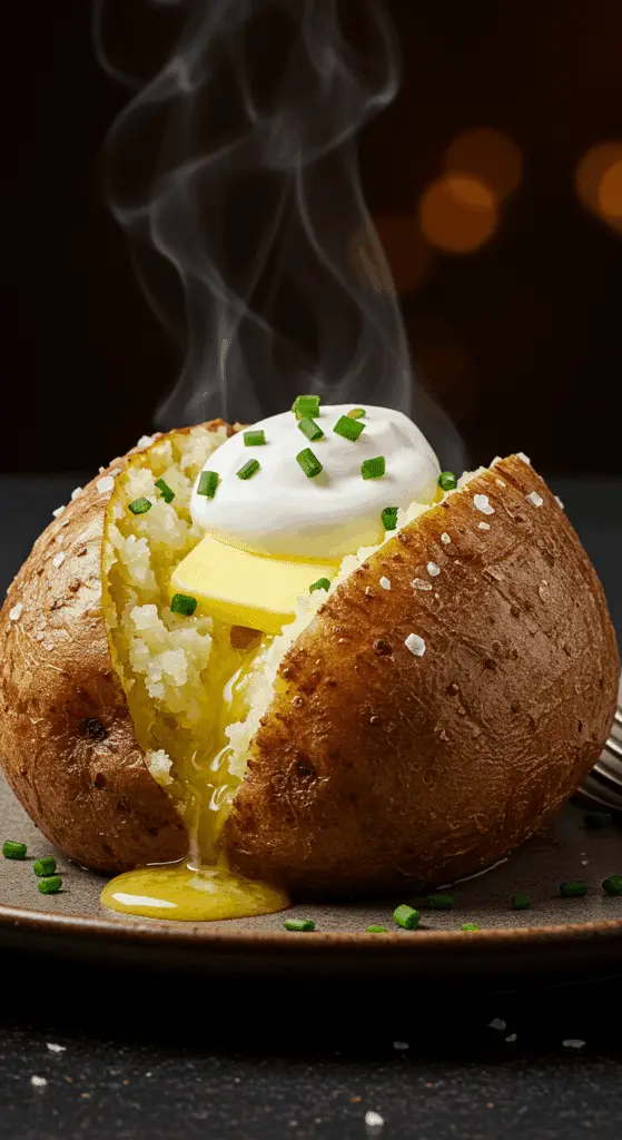 A beautiful, single, homemade Perfect Baked Potato with a crispy, salt-crusted skin and a light, fluffy interior, topped with butter and sour cream.