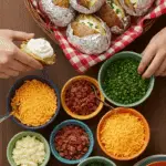 A beautiful and fun "baked potato bar" with a large basket of hot baked potatoes and a variety of fresh toppings.
