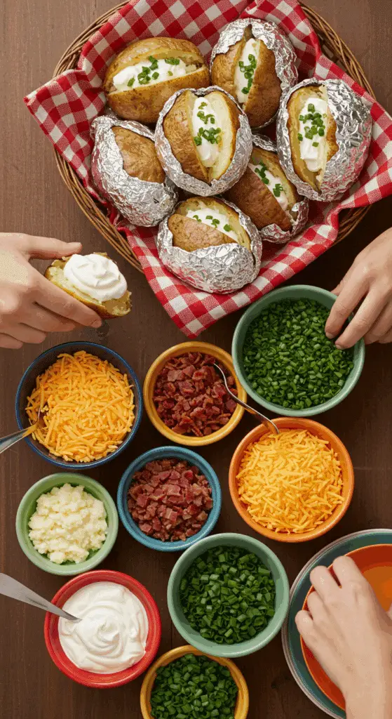 A beautiful and fun "baked potato bar" with a large basket of hot baked potatoes and a variety of fresh toppings.