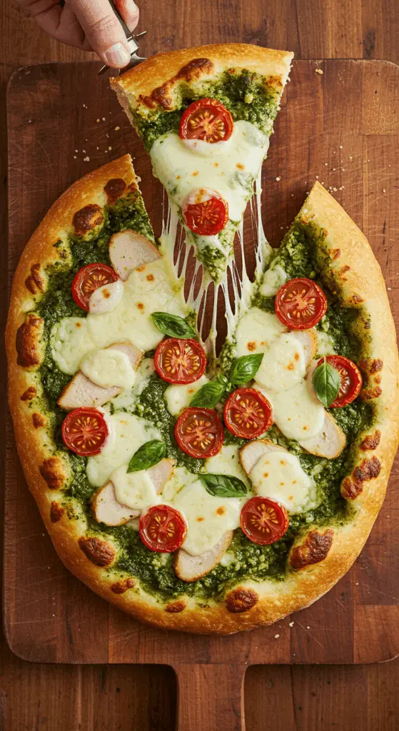 A beautiful, overhead shot of a homemade, crispy Pesto Chicken Flatbread, with a gooey, cheesy slice being lifted to show a long cheese pull.