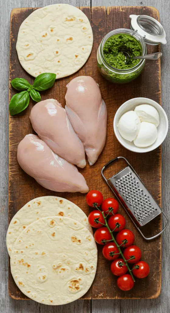 The simple, fresh ingredients for the easy and quick Pesto Chicken Flatbread recipe.