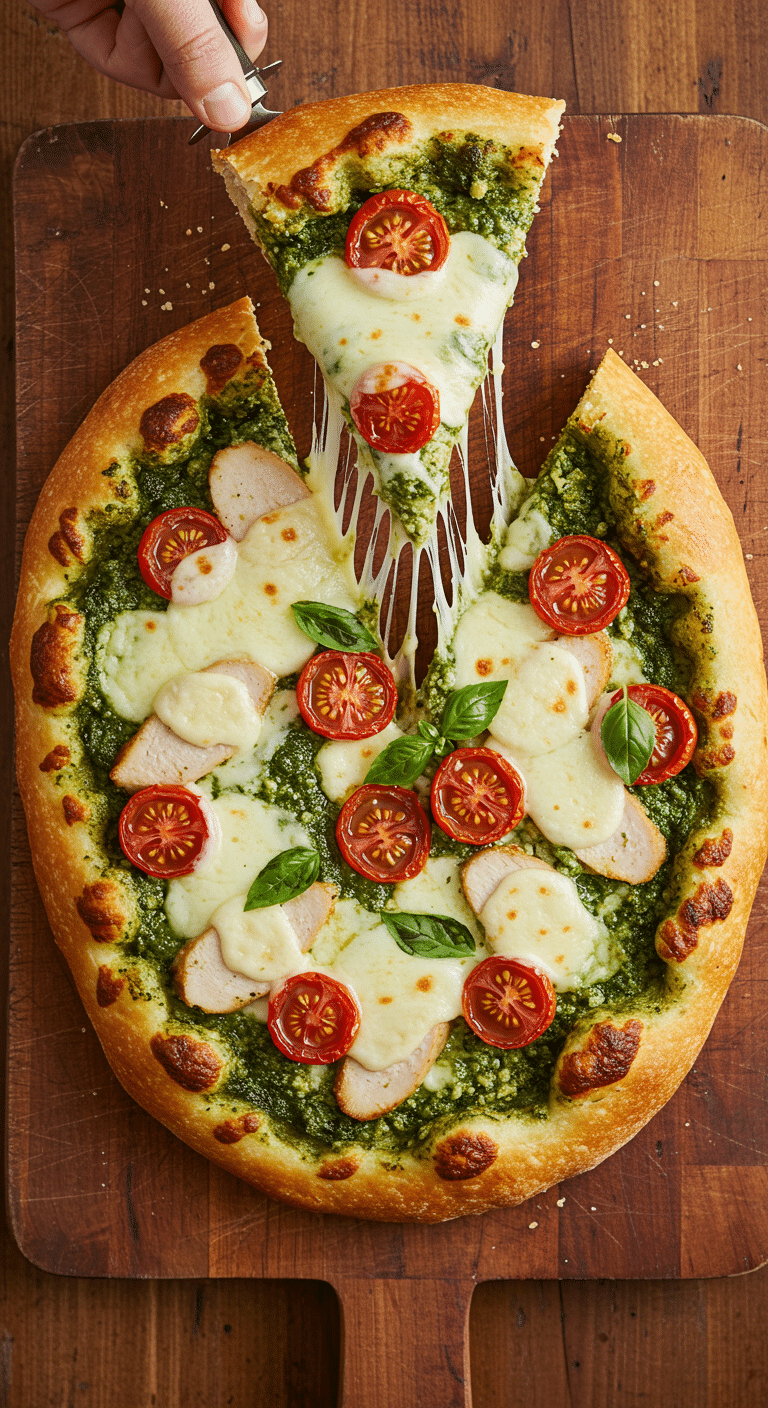 A beautiful, overhead shot of a homemade, crispy Pesto Chicken Flatbread, with a gooey, cheesy slice being lifted to show a long cheese pull.