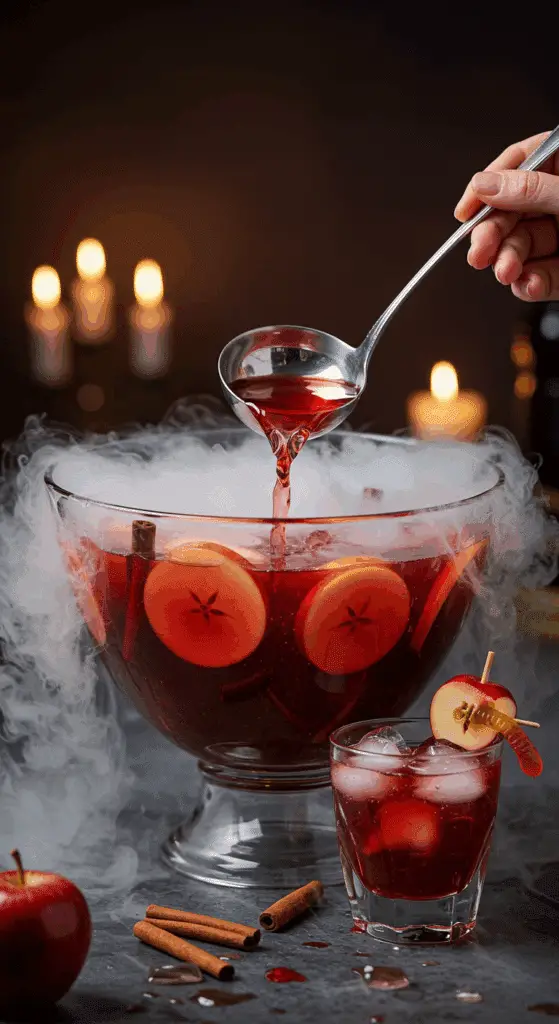 A beautiful, large glass punch bowl of a homemade, spooky, and red "Poison Apple" Punch, with a spooky, dry ice fog rolling over the edge.