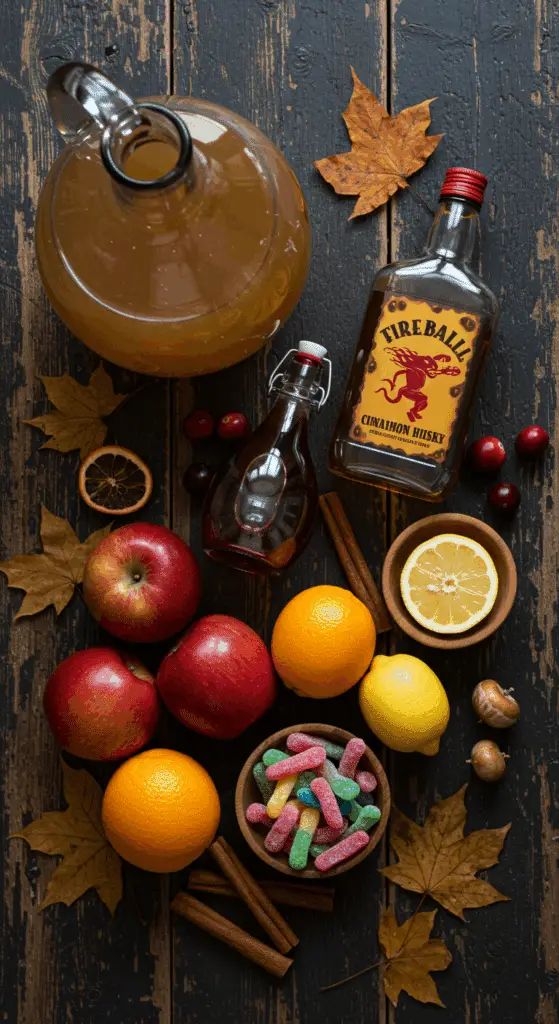 The fresh, from-scratch ingredients for the easy and spooky "Poison Apple" Punch recipe.