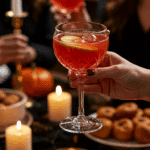 A hand holding an elegant glass of a homemade, red, and spooky "Poison Apple" Punch at a fun and sophisticated Halloween party.