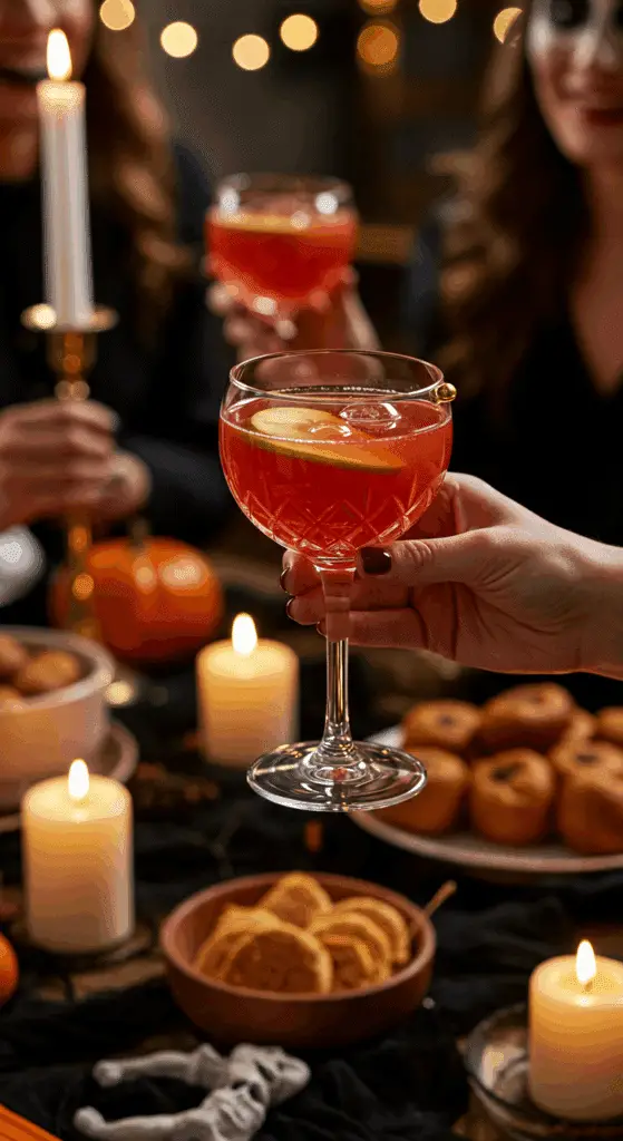 A hand holding an elegant glass of a homemade, red, and spooky "Poison Apple" Punch at a fun and sophisticated Halloween party.