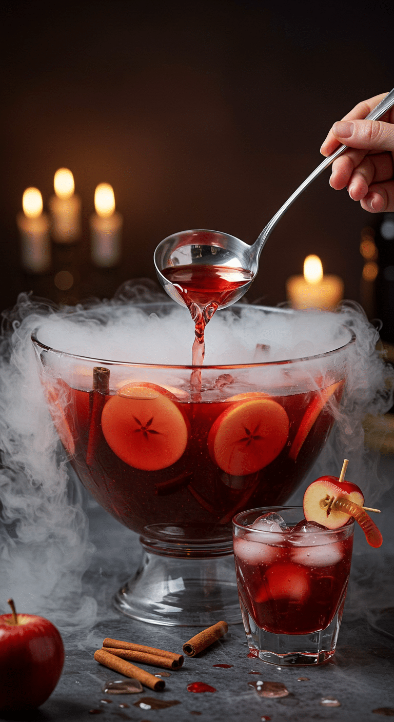 A beautiful, large glass punch bowl of a homemade, spooky, and red "Poison Apple" Punch, with a spooky, dry ice fog rolling over the edge.