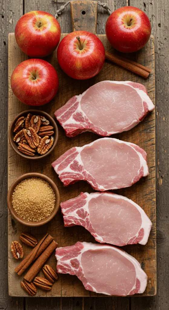 The fresh, from-scratch ingredients for the classic Pork Chops with Sautéed Apples recipe.