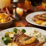 A beautiful plate of homemade Pork Chops with a generous portion of sautéed apples, served with roasted Brussels sprouts for a cozy meal.
