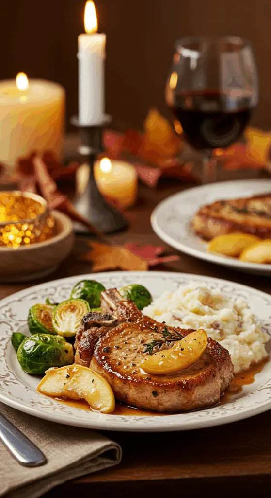 A beautiful plate of homemade Pork Chops with a generous portion of sautéed apples, served with roasted Brussels sprouts for a cozy meal.