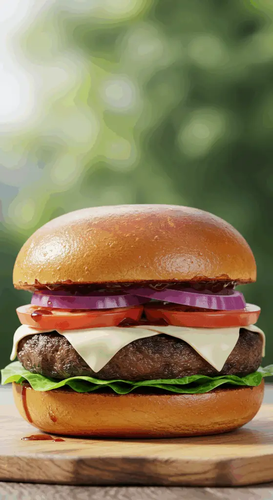 A beautiful, juicy, homemade, grilled Portobello Mushroom Burger on a toasted bun, topped with melted provolone cheese, tomato, and red onion.