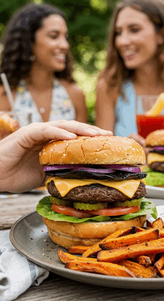 A hand holding a large, delicious, and fully assembled homemade Portobello Mushroom Burger at a summer barbecue.