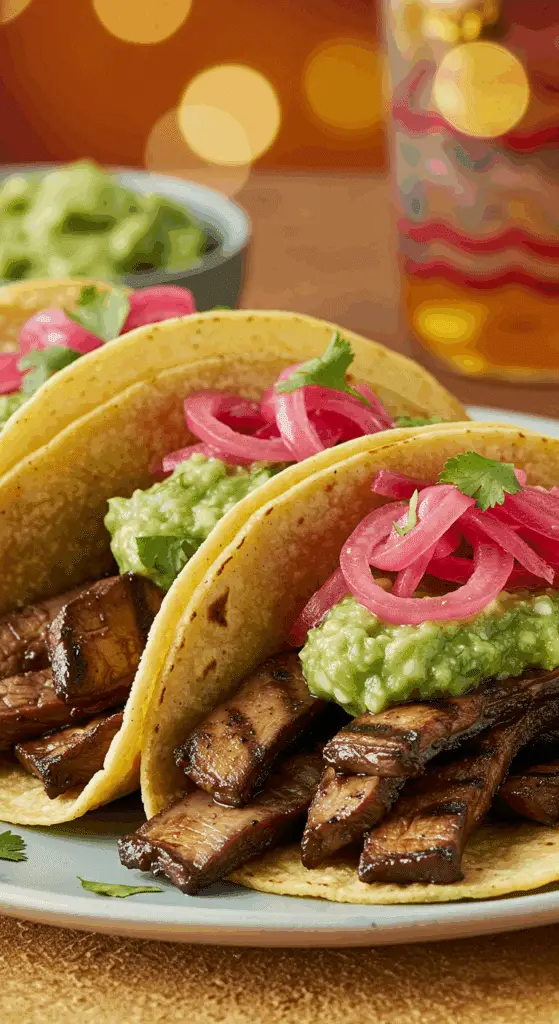 A beautiful, rustic platter of three homemade, healthy, and fresh Grilled Portobello Mushroom Tacos, topped with avocado salsa and pickled red onions.