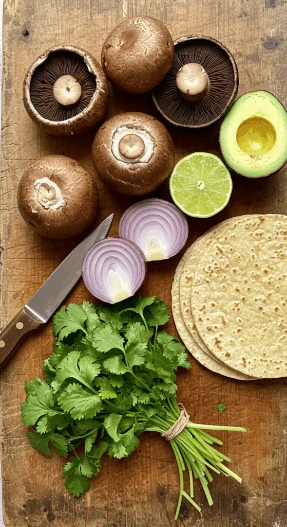The simple, fresh ingredients for the healthy, from-scratch Grilled Portobello Mushroom Tacos recipe.