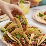 A large platter of homemade, healthy Grilled Portobello Mushroom Tacos being served at a fun summer barbecue.