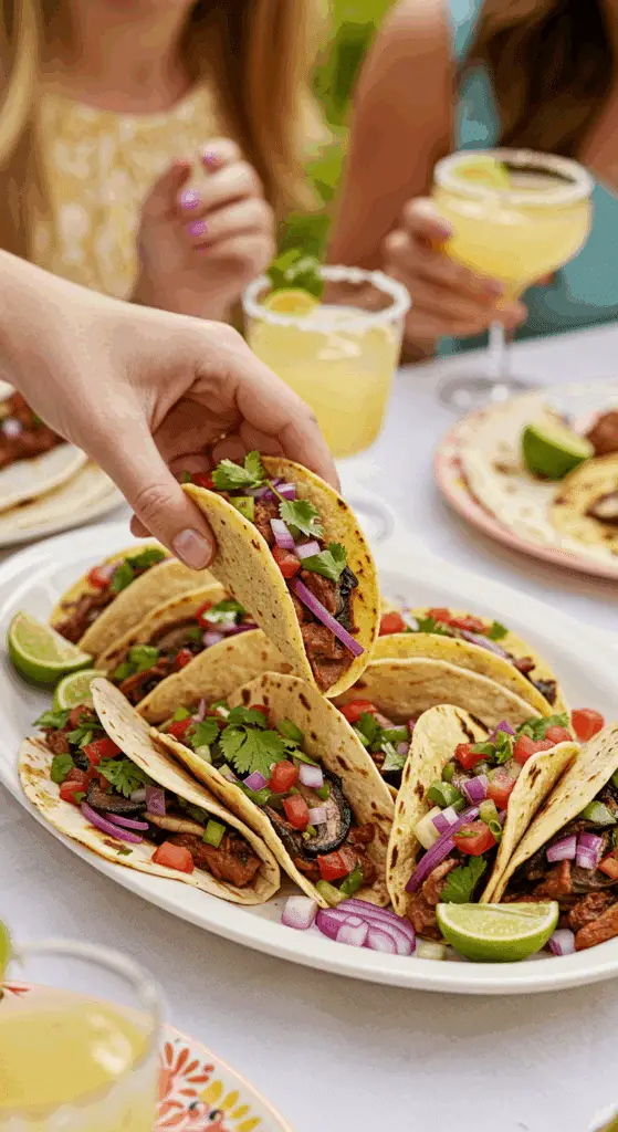 A large platter of homemade, healthy Grilled Portobello Mushroom Tacos being served at a fun summer barbecue.