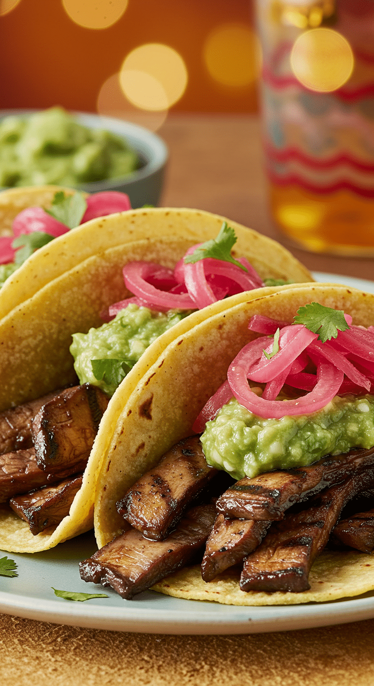 A beautiful, rustic platter of three homemade, healthy, and fresh Grilled Portobello Mushroom Tacos, topped with avocado salsa and pickled red onions.