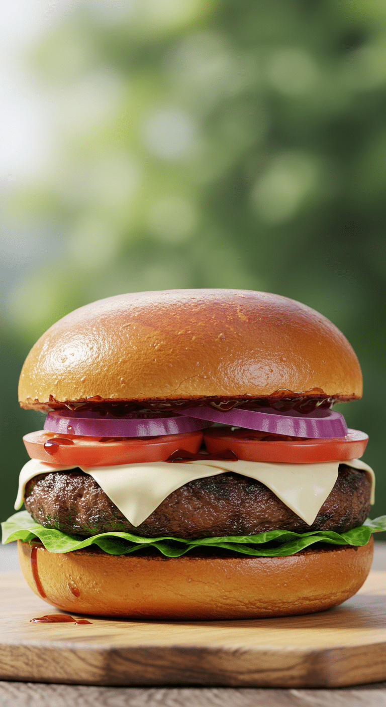A beautiful, juicy, homemade, grilled Portobello Mushroom Burger on a toasted bun, topped with melted provolone cheese, tomato, and red onion.