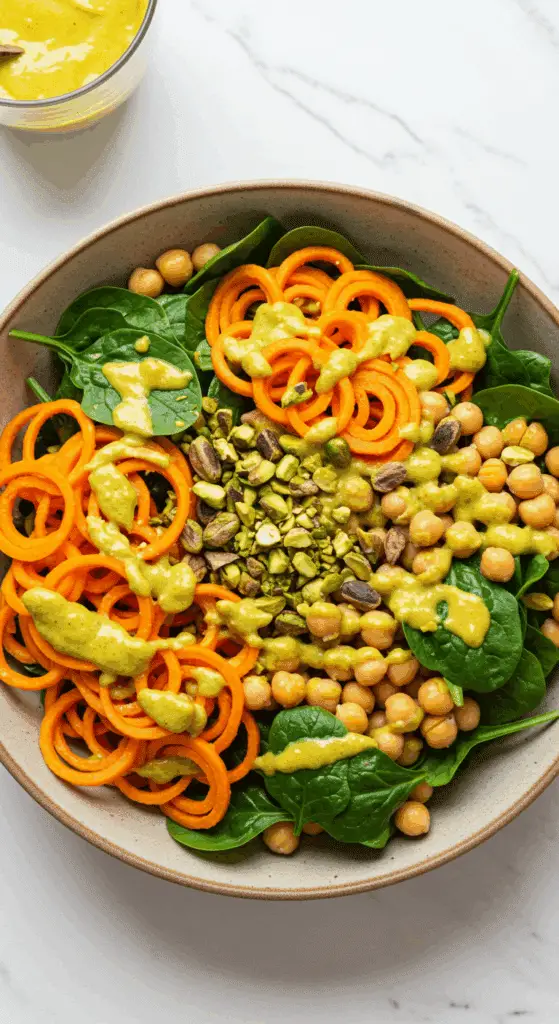 A beautiful, overhead shot of a homemade, healthy, and colorful Sweet Potato Noodle Salad in a large serving bowl, drizzled with a creamy, golden turmeric-tahini dressing.