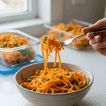 A beautiful bowl of homemade, healthy Sweet Potato Noodle Salad being enjoyed with a fork for a vibrant and healthy lunch, with meal-prep containers in the background.
