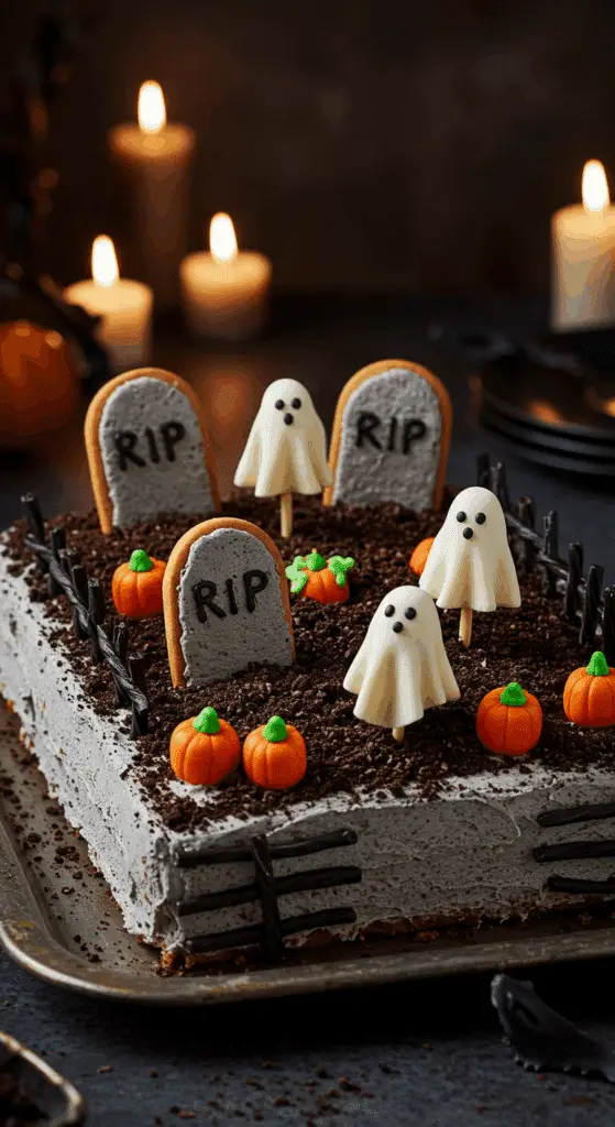 A beautiful, overhead shot of a homemade, spooky Pull-Apart Graveyard Cake, decorated with cookie tombstones, marzipan ghosts, and a licorice fence.