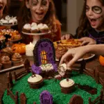 A child's hand excitedly reaching in to pull away the first cupcake from a large, spooky, homemade Pull-Apart Graveyard Cake at a fun family Halloween party.