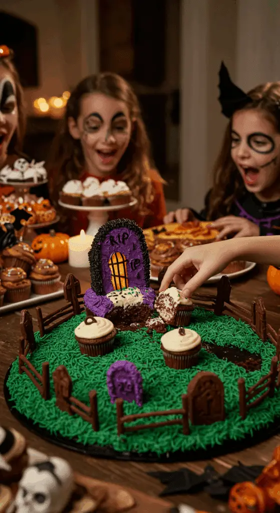 A child's hand excitedly reaching in to pull away the first cupcake from a large, spooky, homemade Pull-Apart Graveyard Cake at a fun family Halloween party.
