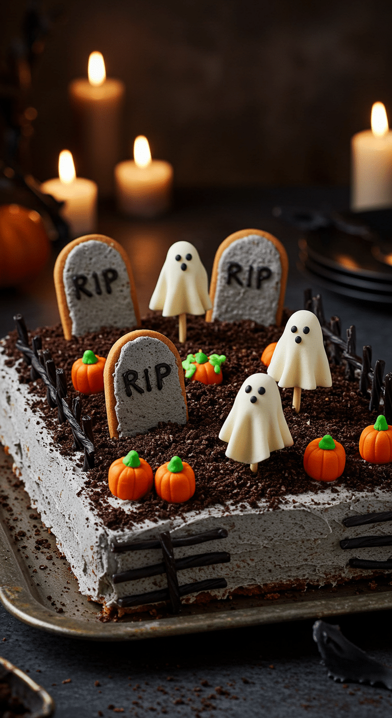 A beautiful, overhead shot of a homemade, spooky Pull-Apart Graveyard Cake, decorated with cookie tombstones, marzipan ghosts, and a licorice fence.