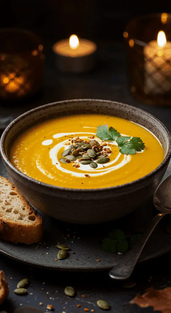 A beautiful, rustic bowl of homemade, creamy, and vibrant orange Pumpkin Curry Soup, garnished with a swirl of coconut cream and toasted pepitas.