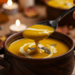 A cozy bowl of homemade, creamy Pumpkin Curry Soup being enjoyed with a spoon at a casual family dinner.
