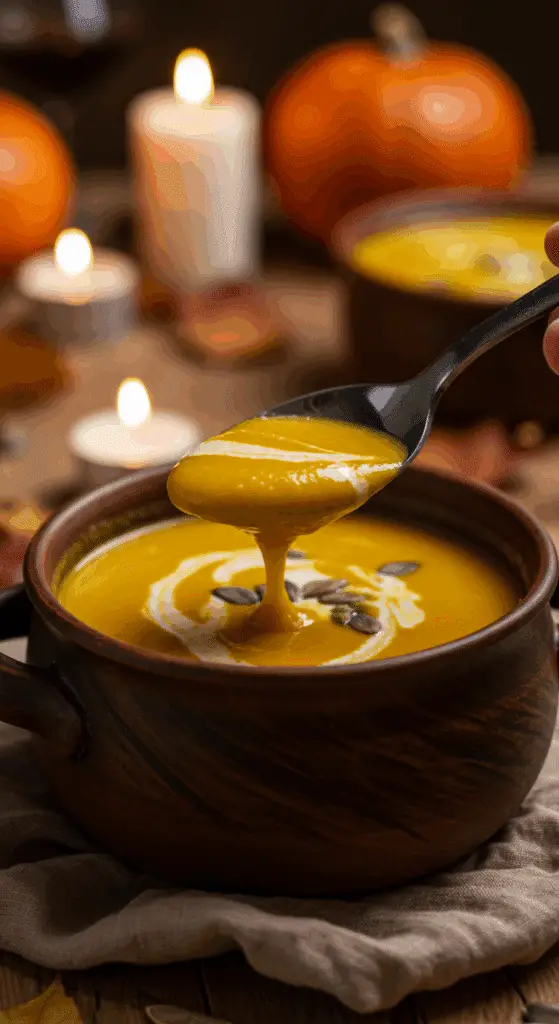 A cozy bowl of homemade, creamy Pumpkin Curry Soup being enjoyed with a spoon at a casual family dinner.