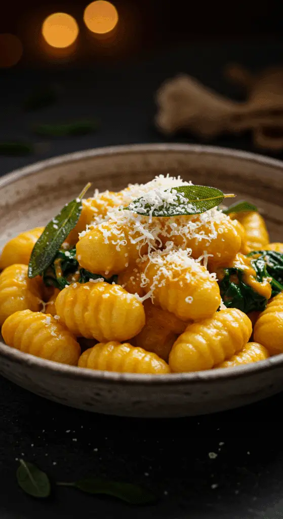 A beautiful, rustic bowl of homemade, creamy Pumpkin Gnocchi, with a luscious, vibrant orange pumpkin sauce and garnished with crispy fried sage.