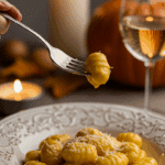 An elegant plate of homemade, creamy Pumpkin Gnocchi being enjoyed for a sophisticated and cozy, candlelit fall dinner.