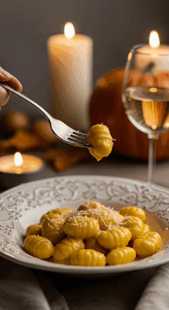 An elegant plate of homemade, creamy Pumpkin Gnocchi being enjoyed for a sophisticated and cozy, candlelit fall dinner.