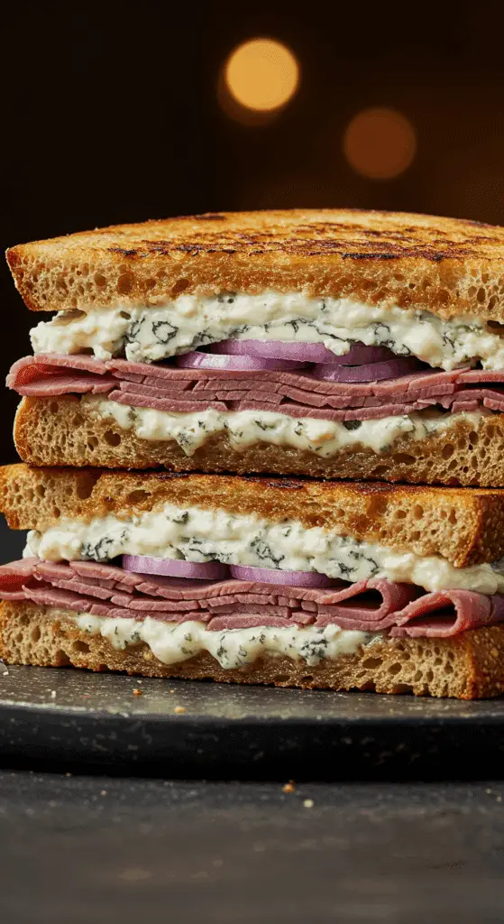 A beautiful, golden-brown, homemade, gourmet Grilled Roast Beef and Blue Cheese Sandwich, cut in half to show the gooey, cheesy, and layered interior.
