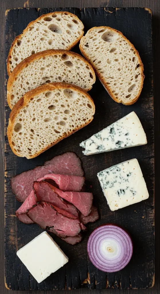 The simple, high-quality, from-scratch ingredients for the classic and gourmet Grilled Roast Beef and Blue Cheese Sandwich.