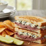 A beautiful plate of a homemade, gourmet Grilled Roast Beef and Blue Cheese Sandwich, served with a side of crispy kettle-cooked potato chips.