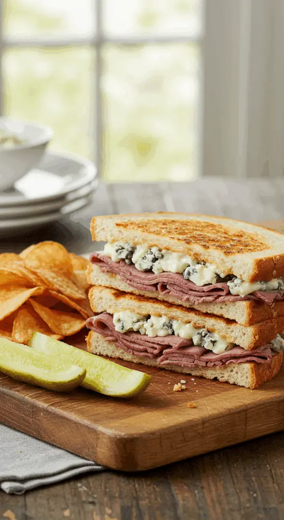A beautiful plate of a homemade, gourmet Grilled Roast Beef and Blue Cheese Sandwich, served with a side of crispy kettle-cooked potato chips.