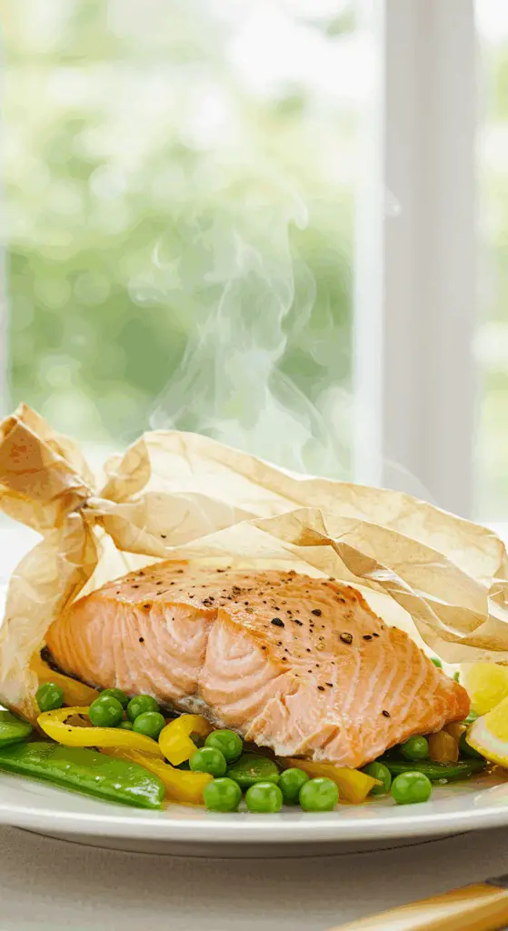 A beautiful, single serving of homemade Salmon in Parchment, with the packet torn open to reveal a flaky salmon fillet and vibrant vegetables.