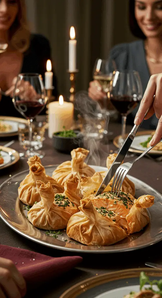 The finished, puffed-up Salmon in Parchment packets being served at a sophisticated and elegant dinner party.