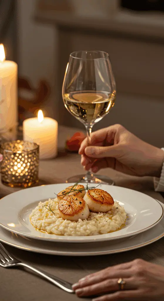 An elegant plate of homemade, pan-seared scallops served over creamy risotto for a romantic, candlelit dinner.