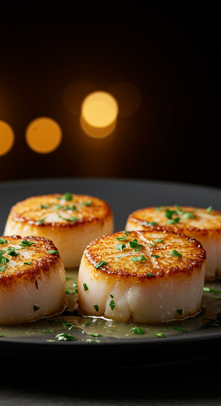 A beautiful, elegant plate of homemade, perfectly Pan-Seared Scallops with a deep, golden-brown, crispy crust.