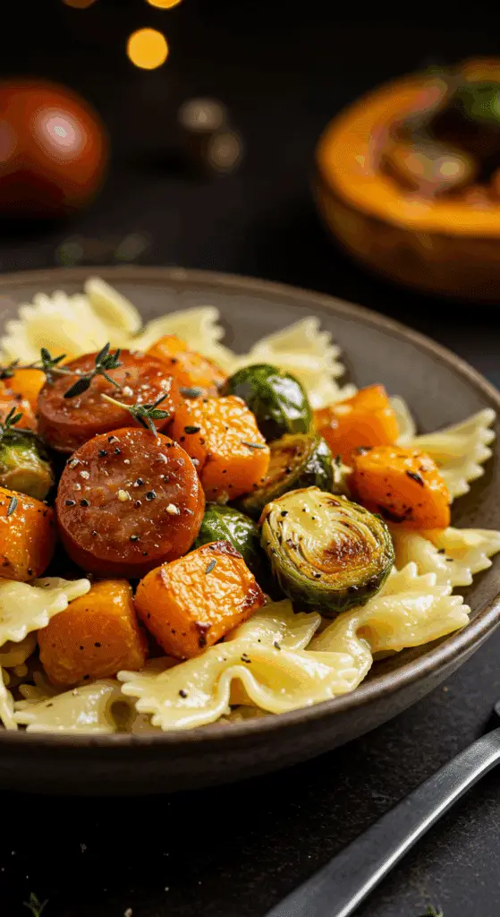 A beautiful, rustic bowl of homemade, cozy Autumn Sausage and Butternut Squash Pasta, with caramelized roasted vegetables and a glossy garlic-butter sauce.