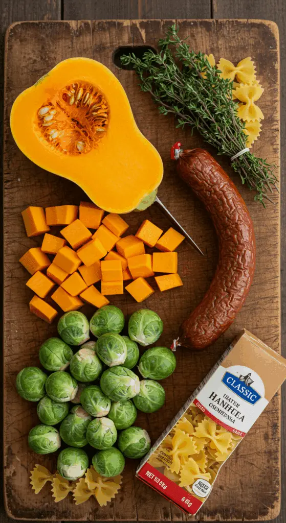 The simple, fresh ingredients for the classic and cozy Autumn Sausage and Butternut Squash Pasta recipe.
