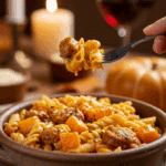 A cozy bowl of homemade, colorful Autumn Sausage and Butternut Squash Pasta being served for a casual family dinner.